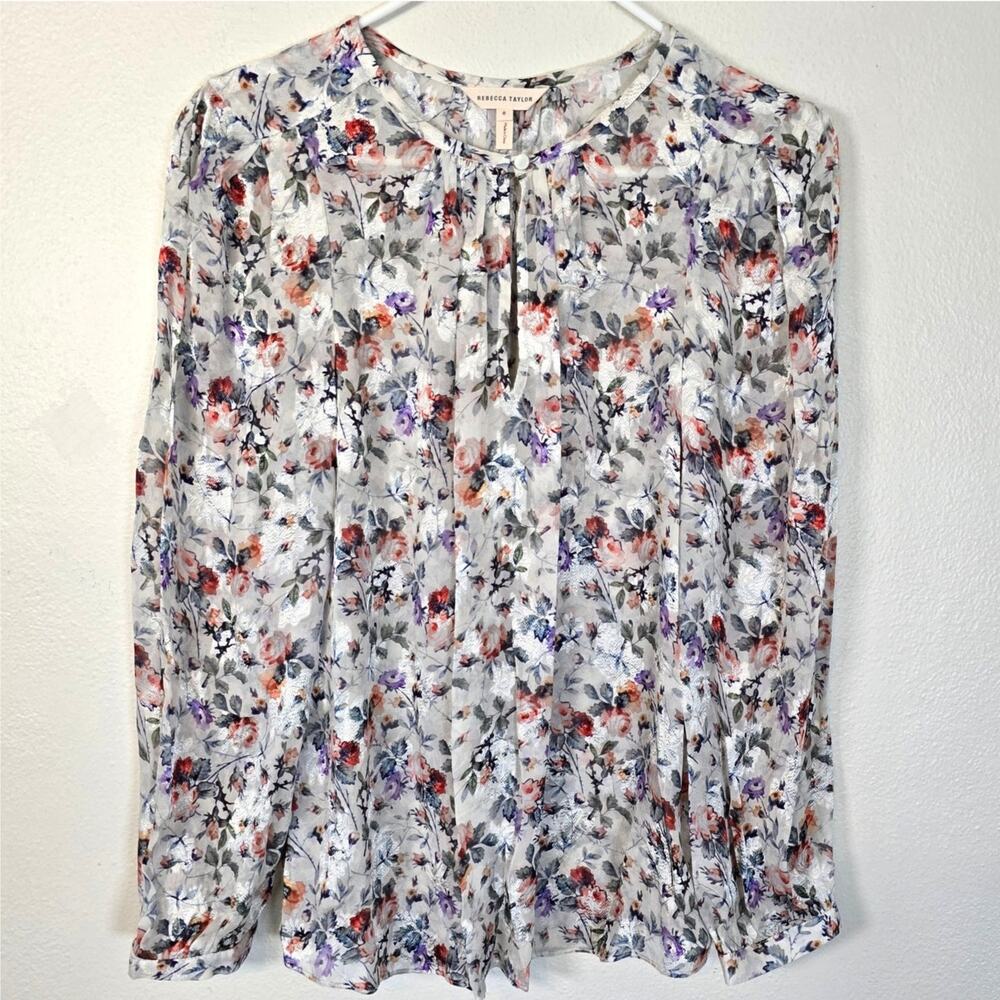Rebeccah Taylor Silk Blend Blouse Women's 8 Semi Sheer Floral Boho Chic Romantic
